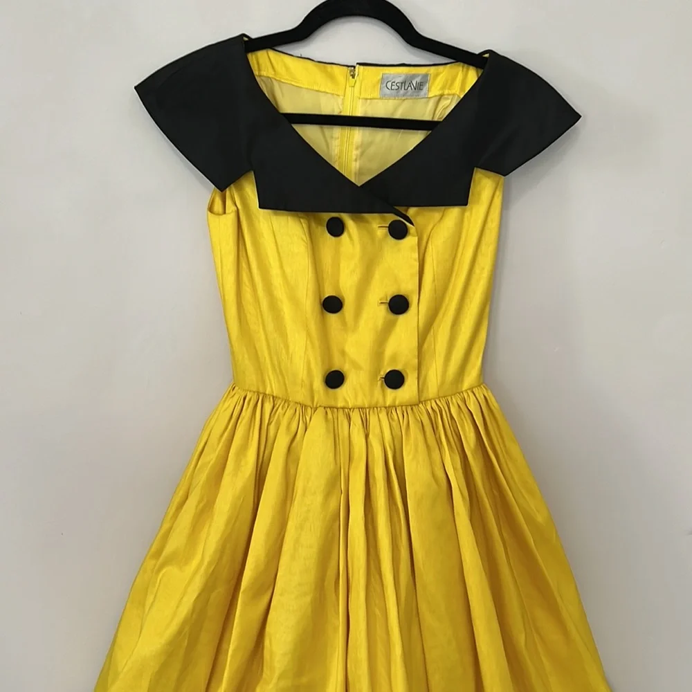 Vintage Sailor Dress Rockabilly A Line Yellow & Black Tulle Underskirt Lined - Picture 4 of 14